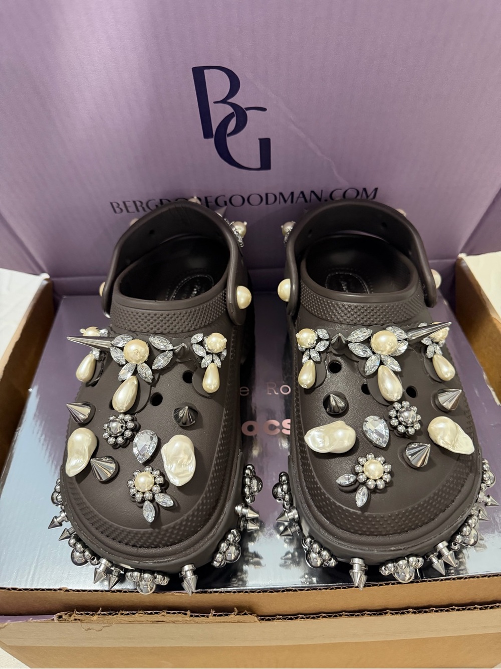Embellished Brown Women's Clog Mules with Pearls & Spikes